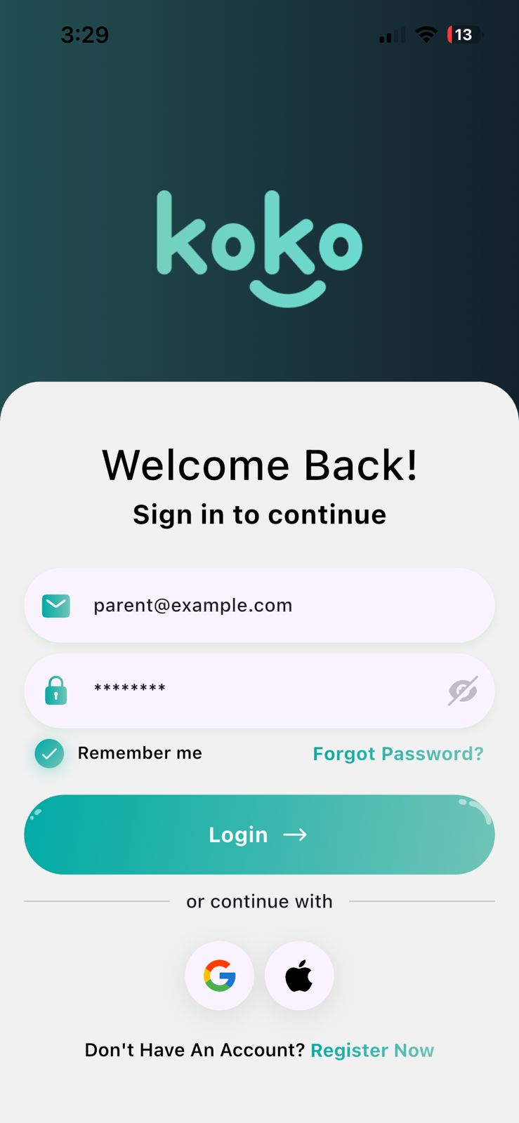 Koko App login screen