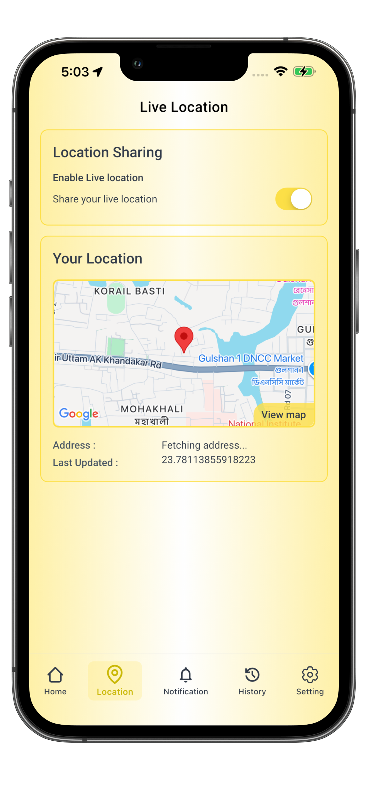 SafeRadar location sharing screen